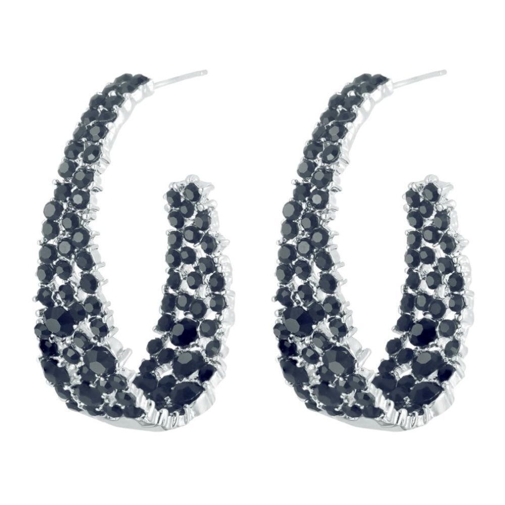 18k White Gold and 925 Sterling Silver with Black Onyx Crystal Hoop Earrings